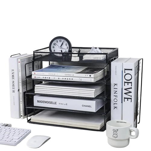 Accessoires Rangement Bureau – Organisateur Métal 4 Niveaux avec Porte-Documents