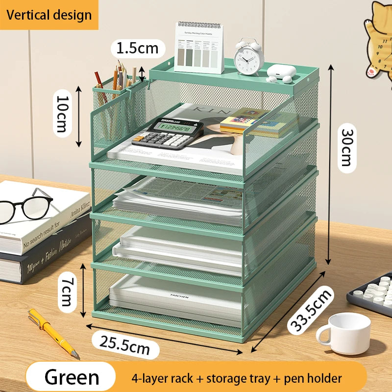 Accessoires Rangement Bureau – Organisateur Métal 4 Niveaux avec Porte-Documents