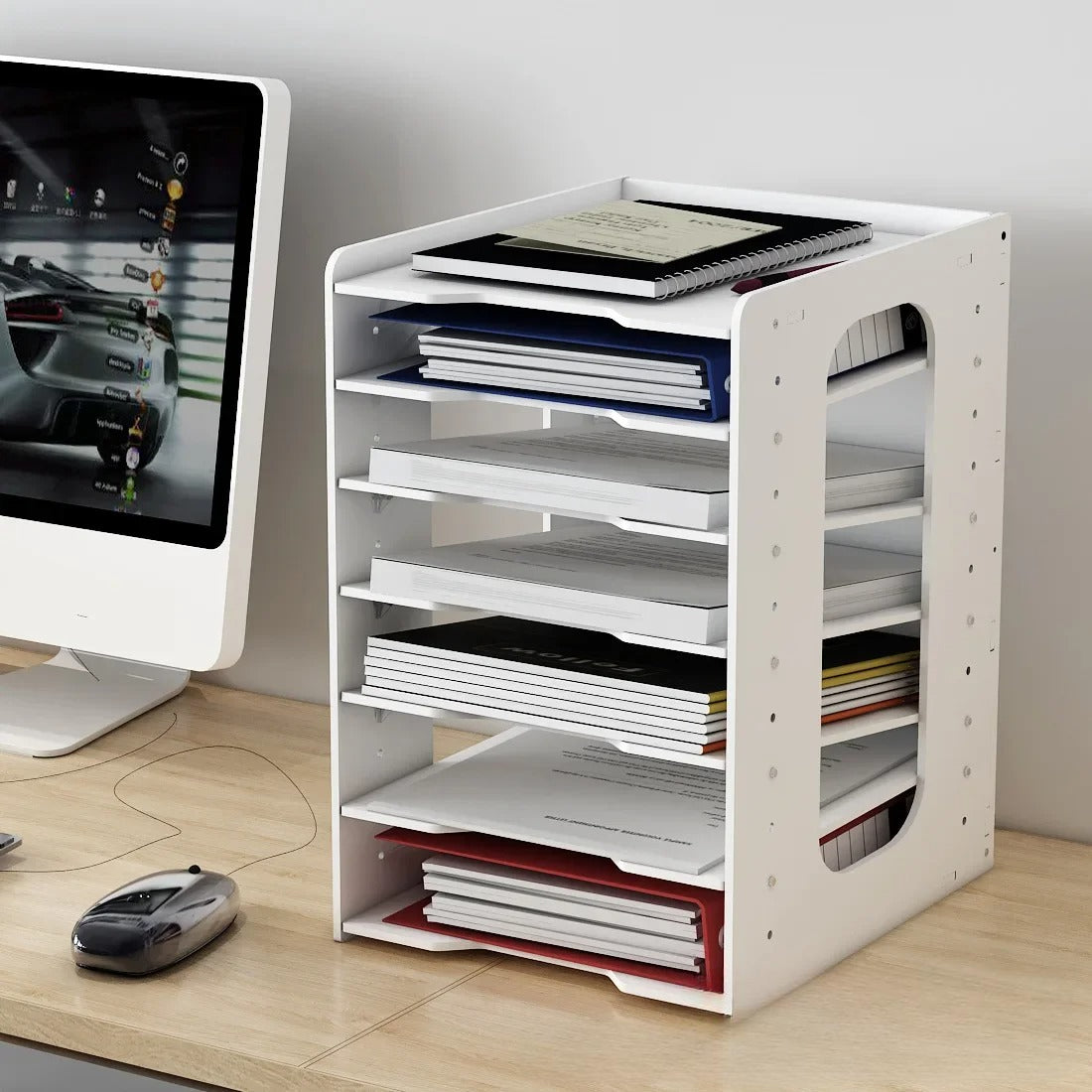 Accessoires Rangement Bureau – Étagère à Documents 5 Niveaux, Bois et PVC Blanc, Classement et Organisation de Bureau