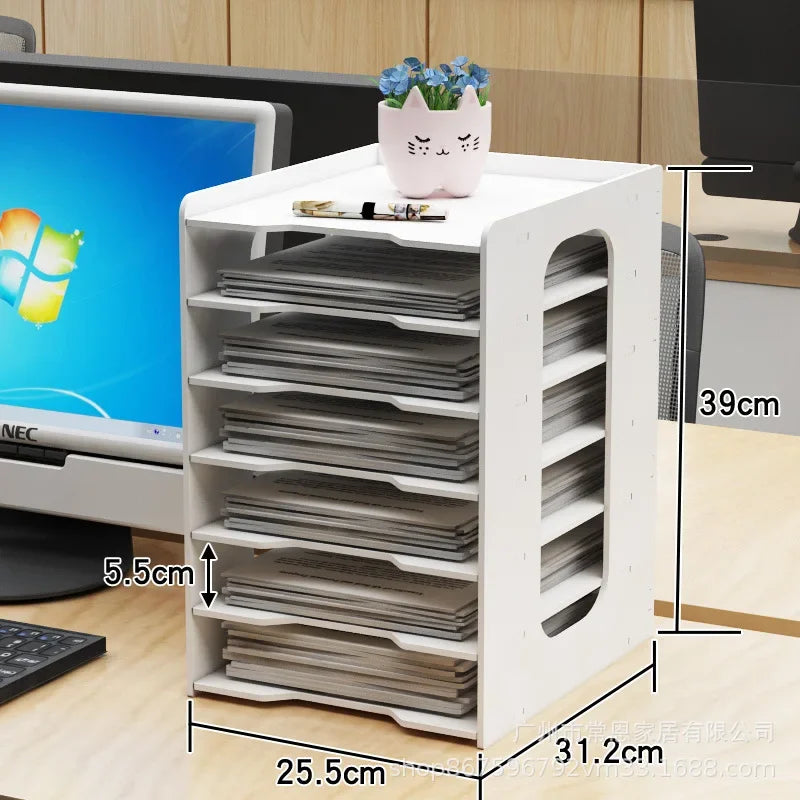 Accessoires Rangement Bureau – Étagère à Documents 5 Niveaux, Bois et PVC Blanc, Classement et Organisation de Bureau