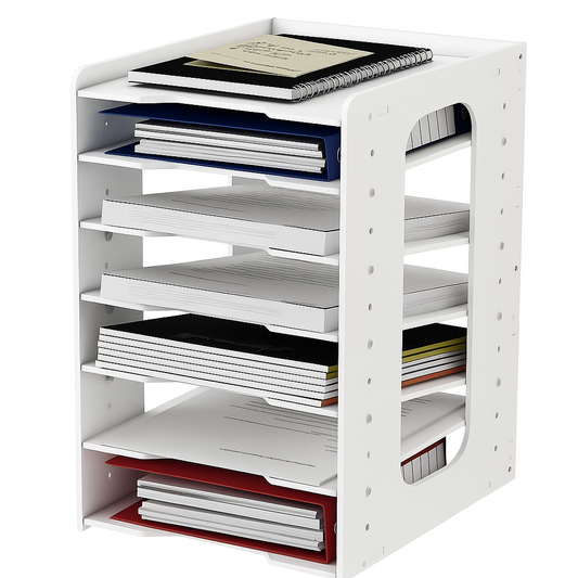 Accessoires Rangement Bureau – Étagère à Documents 5 Niveaux, Bois et PVC Blanc, Classement et Organisation de Bureau